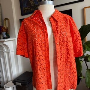 Marled Orange Eyelet Button-Up Top